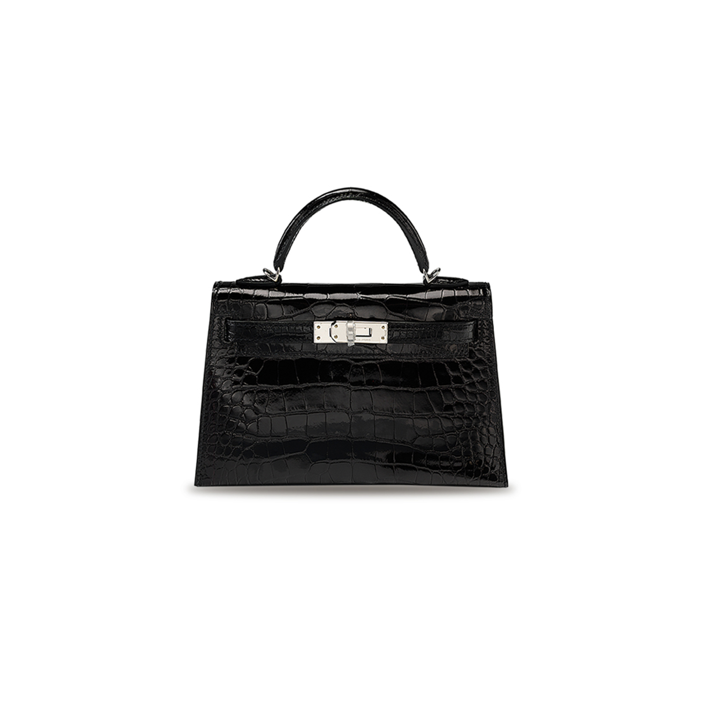 H**mes master a shiny black alligator mini kelly ii with palladium hardware (19*12*5.5cm)